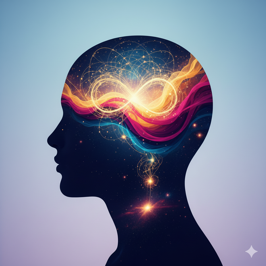 Ilustração de uma silhueta de perfil com uma galáxia e um símbolo do infinito dourado brilhando na mente